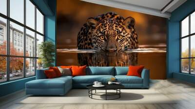  A leopard's face gazes into clear water as its rippled reflection mirrors the feline's every feature Wall mural