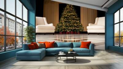  A living room featuring a Christmas tree centrally positioned, flanked by two chairs Wall mural