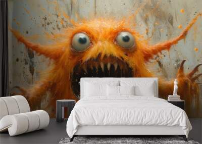  a painting of an orange monster with its mouth wide open and eyes wide open, with water droplets on the surface and on the wall behind it is a grunge. Wall mural