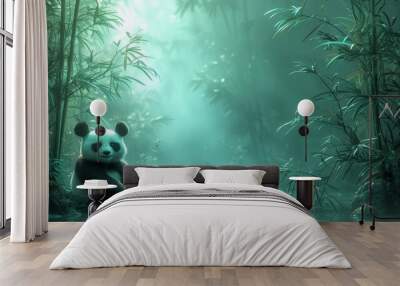   A panda bear sits amidst a river, encircled by bamboo trees and lush greenery in a foggy landscape Wall mural