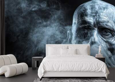  A photo of a man exhaling smoke from his mouth while holding a cigarette on the other side of his face Wall mural