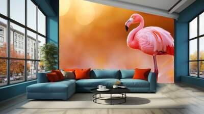  A pink flamingo atop a verdant field, yellow-orange backdrop; background lightly blurred, with a hazy, warm light Wall mural