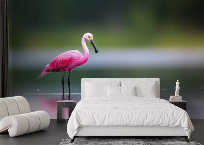  A pink flamingo bends its neck over a body of water, beak dipped in reflection Wall mural