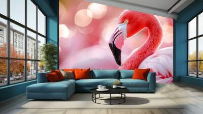  A pink flamingo centrally positioned among a blurred backdrop of similar pink flamingos Wall mural