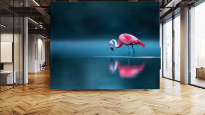  A pink flamingo wades in a body of water, with its head submerged and legs extended Wall mural