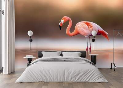  A pink flamingo wades in the water, bending its neck to submerge its head, while its long legs stretch out and dip into the waterbody Wall mural