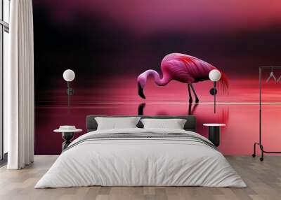  A pink flamingo wades in the water, with its head submerged and legs extending beneath the surface Wall mural