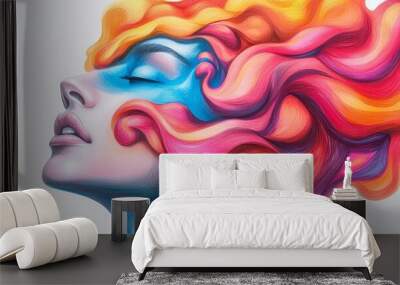  A portrait of a woman with a multicolored bird perched atop her headed mop of hair Wall mural