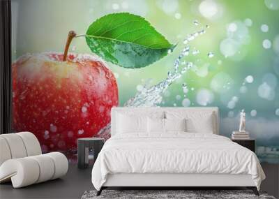  A red apple, surrounded by water, has a green leaf dripping moisture from its side Wall mural