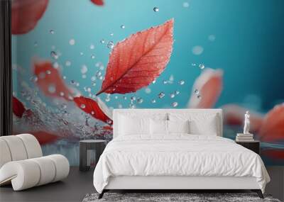  A red leaf floats atop still water, reflecting in its surface; below, droplets cling to the image's bottom Wall mural