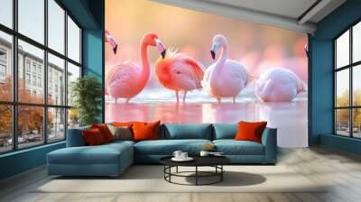  A row of pink flamingos stands before a body of water, joined by more flamingos in the backdrop Wall mural