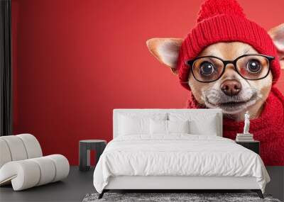  A small dog wears glasses, a red hat, and two scarfs - one around its neck and another over its hat Wall mural