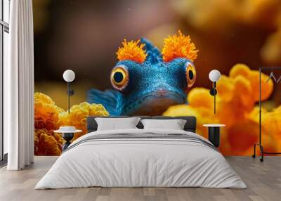  A tight shot of a blue-yellow fish, foreground adorned with orange blossoms, background softly blurred Wall mural