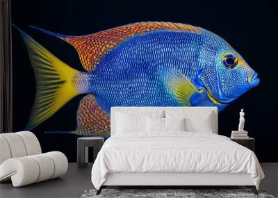  A tight shot of a blue-yellow fish against a black backdrop, showcasing a gentle light reflection on its side Wall mural