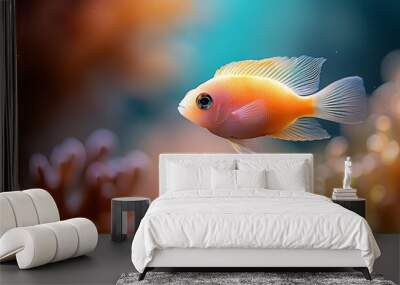  A tight shot of a fish swimming near corals in an aquarium, with water receding in the background Wall mural