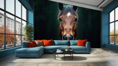  A tight shot of a horse's head, illuminated by a nearby light, against a backdrop of a dense forest Wall mural