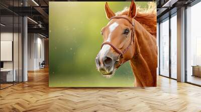  A tight shot of a horse's head, wet from splashing water, against a blurred background Wall mural