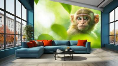  A tight shot of a monkey in a tree, gazing at the camera, surrounded by a hazy backdrop of green foliage Wall mural