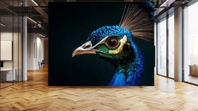  A tight shot of a peacock's head against a black backdrop, adorned with a blue-green feather Wall mural