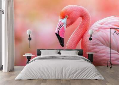  A tight shot of a pink flamingo against a hazy backdrop of pink flamingos Wall mural