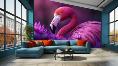  A tight shot of a pink flamingo holding a purple bloom in the foreground, backdrop softly blurred Wall mural