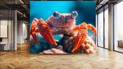  A tight shot of a small orange-white crab atop coral in an aquarium, surrounded by blue water Wall mural