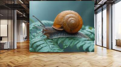   A tight shot of a snail perched atop a verdant leafy plant, adorned with water droplets on its shell Wall mural