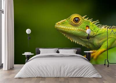  A tight shot of a vibrant green and yellow lizard perched on a lush green leaf, against a softly blurred background Wall mural