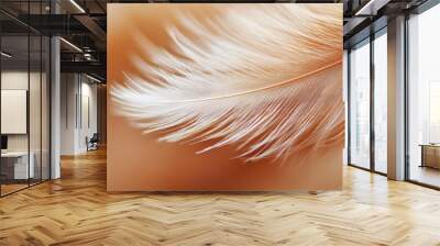  A tight shot of a white feather against a blurred backdrop of brown and orange hues, with the feather softly brought into focus Wall mural