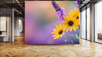  A tight shot of an array of flowers, featuring purple and yellow blooms, against a softly blurred backdrop of deep purple Wall mural