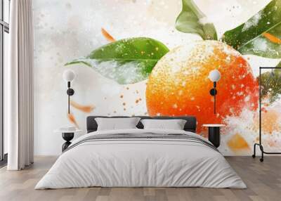  A tight shot of an orange against a pristine white backdrop, adorned with leaves and droplets of water atop Wall mural