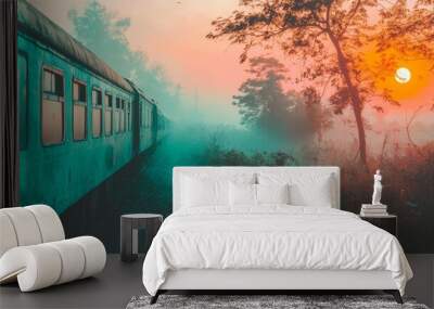  A train traverses a foggy forest as sun rays penetrate tree branches alongside it Wall mural