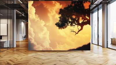  A tree silhouette on a hill against a cloudy backdrop with the sun sneaking through the clouds Wall mural