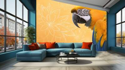  A vivid parrot up-close against a yellow and white backdrop, adorned with floral designs Wall mural