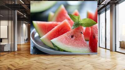  A watermelon slice topped with a green leaf Wall mural