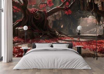  A whimsical depiction portrays a lush woodland realm, at its heart, an ancient tree stands tall with vibrant scarlet blossoms carpeting the earth below Wall mural