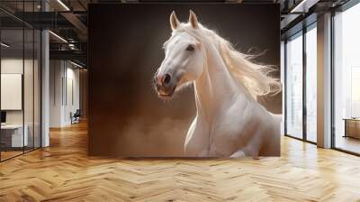  A white horse with a long mane stands before a dark backdrop, emitting smoke from its maw Wall mural