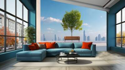  A wooden bench sits in the middle of the room A tree stands in the room's center, and tall buildings loom in the background Wall mural