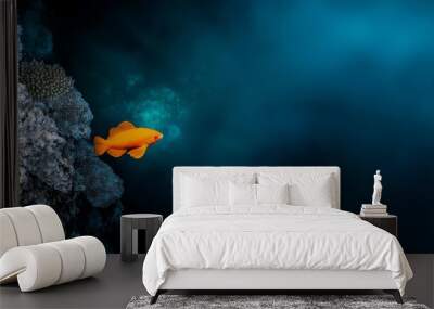  An orange fish swims near a rocky underwater terrain with corals at the bottom Wall mural