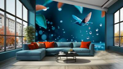  Bird flying over mirrored water, wings dotted with droplets; blue backdrop Wall mural