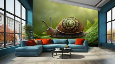  Close-up of a snail on a green leaf, with water droplets on its back Wall mural