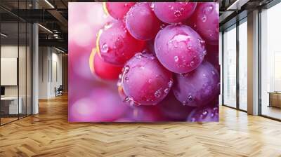  Close-up of juicy grapes on a vine, adorned with water droplets Pink and yellow background Wall mural