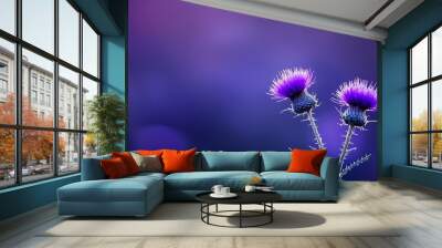  Purple flowers sit atop a purple table against a purple wall Background features blurred lights Wall mural