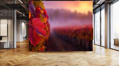  Red leaf dangling from vine in foggy vineyard, sunset backdrop Wall mural