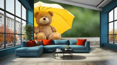  Two  bears under a yellow umbrella on a rain-soaked, green-backgroundged wooden table Wall mural