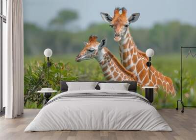   Two giraffes side by side on a verdant field, trees in the backdrop Wall mural