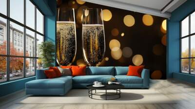  Two glasses of champagne on a table, surrounded by a bottle of lights in the background Wall mural