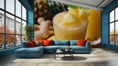   Two glasses of pineapple-ginger smoothie, garnished with pineapple slices Wall mural