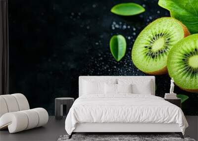  Two kiwi fruits resting together on a green leafy plant against a black background Wall mural