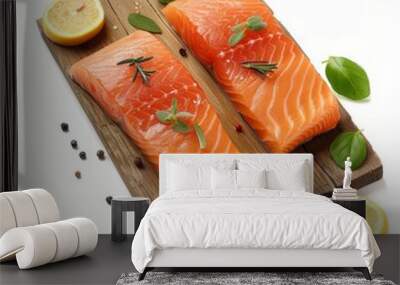  Two salmon fillets, raw, on a white cutting board Spices and lemons nearby Wall mural